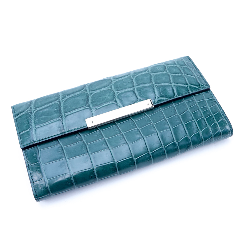 Gucci Green Matte Crocodile Continental Wallet.