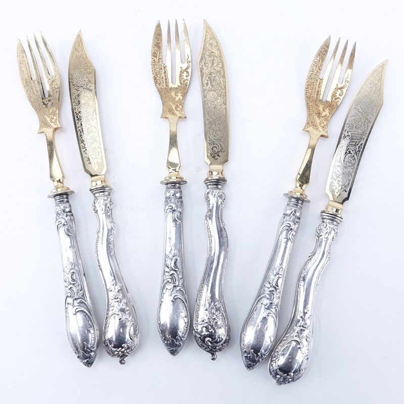 Six (6) Piece Art Nouveau German 800 Silver and Gilt Fish Set.