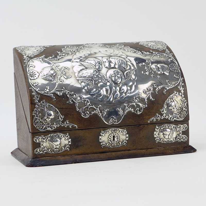 Early 19th Century English Leather and Silver Stationary Box.