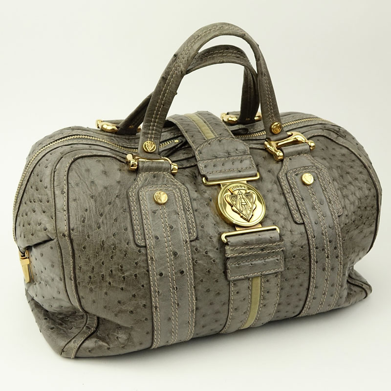 Gucci Grey Ostrich Aviatrix Boston Travel Bag.