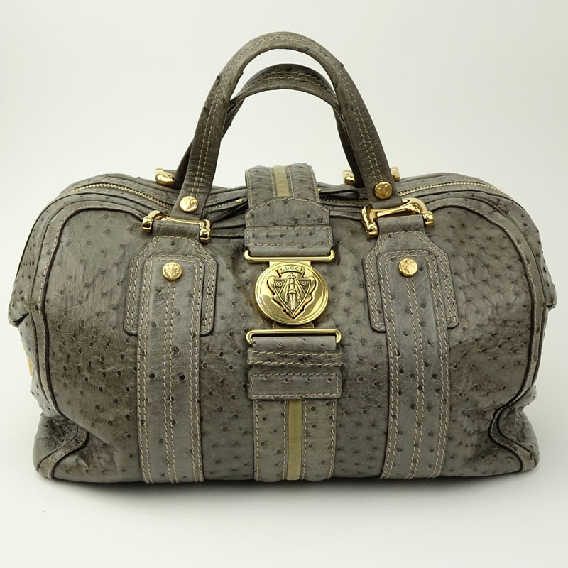 Gucci Grey Ostrich Aviatrix Boston Travel Bag.