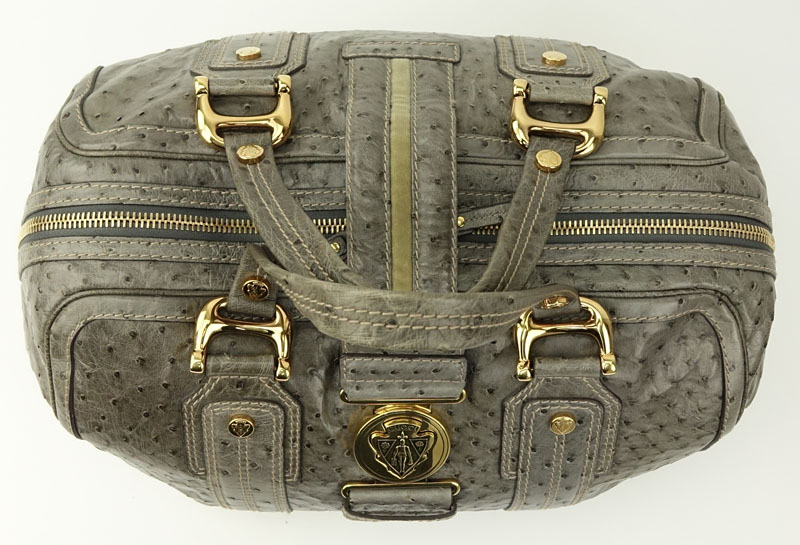 Gucci Grey Ostrich Aviatrix Boston Travel Bag.