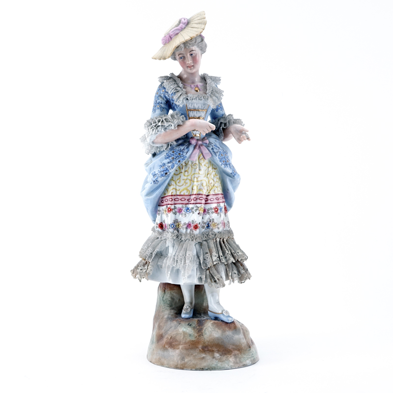 Antique Rudolstadt Figure Of Woman With Lace Adorned Dress.