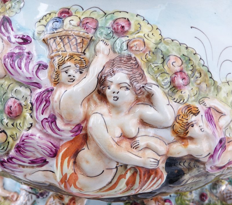 Italian Capodimonte Raised Putti Figural Covered Centerpiece and Undertray.