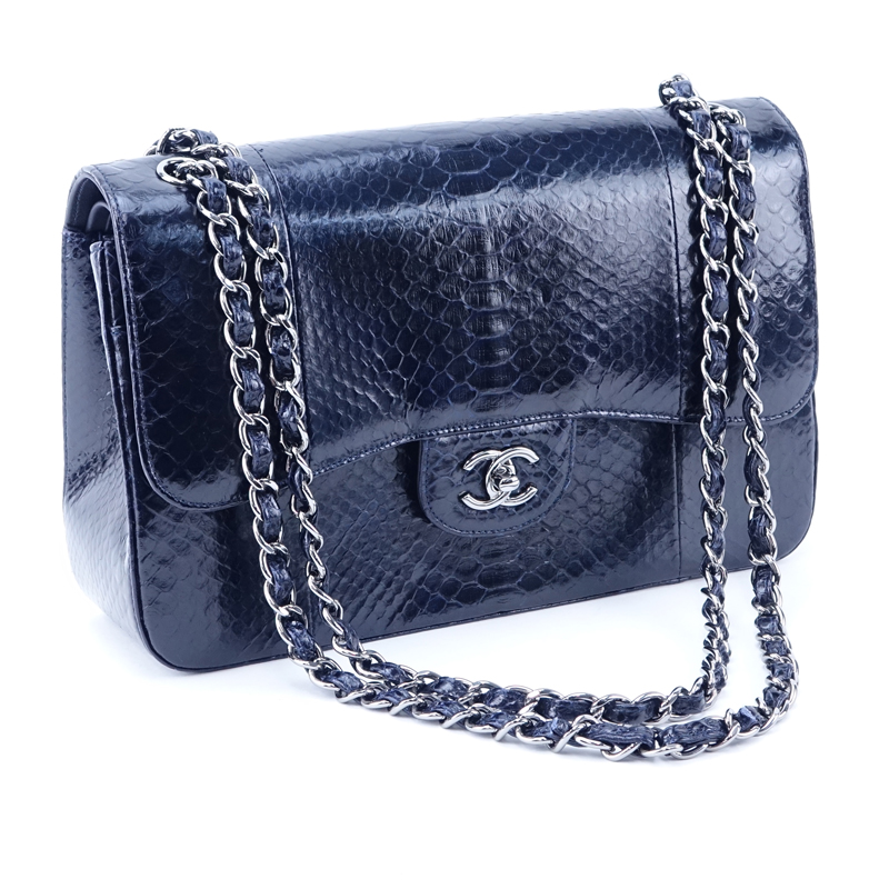 Chanel Womens Blue bleu electrique Python Skin Classic Double Flap Chain  Strap S