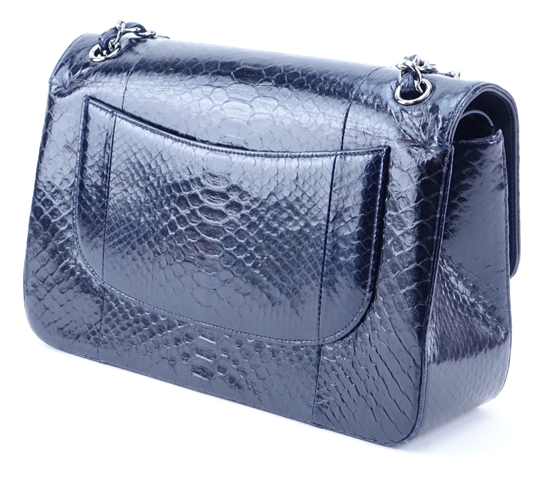Chanel Dark Navy Python Jumbo Classic Double Flap Shoulder Bag.