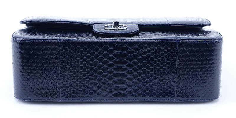 Chanel Dark Navy Python Jumbo Classic Double Flap Shoulder Bag.