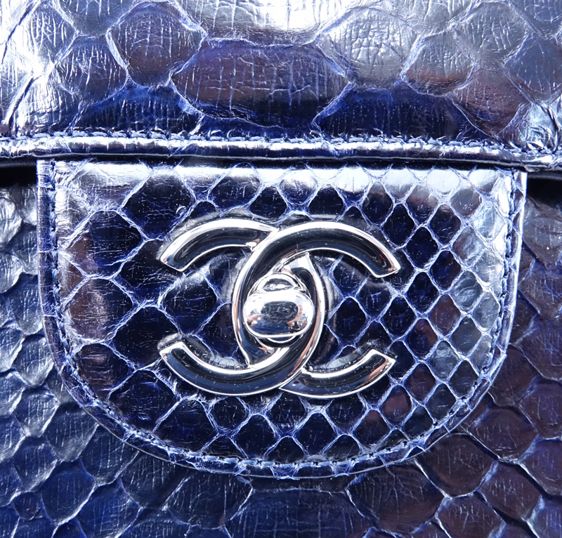 Chanel Dark Navy Python Jumbo Classic Double Flap Shoulder Bag.