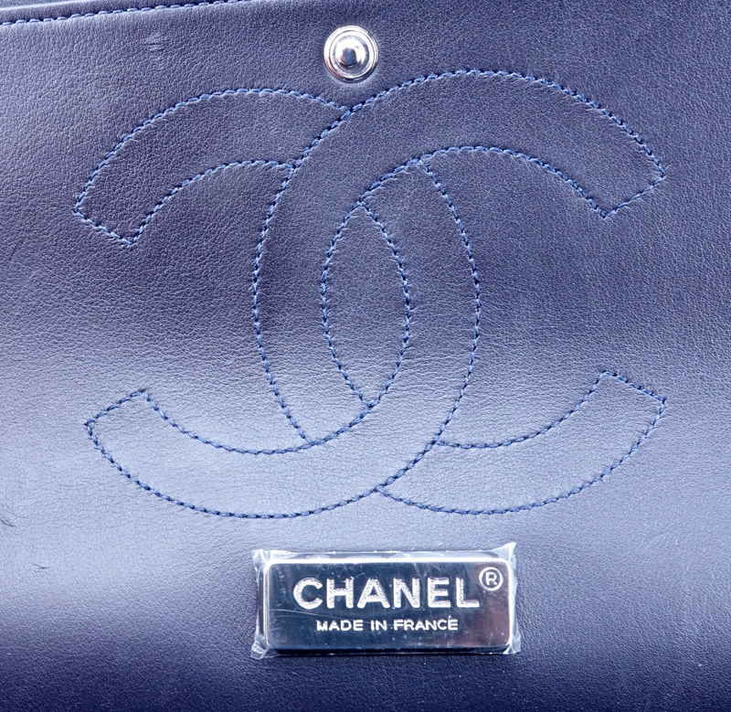 Chanel Dark Navy Python Jumbo Classic Double Flap Shoulder Bag.