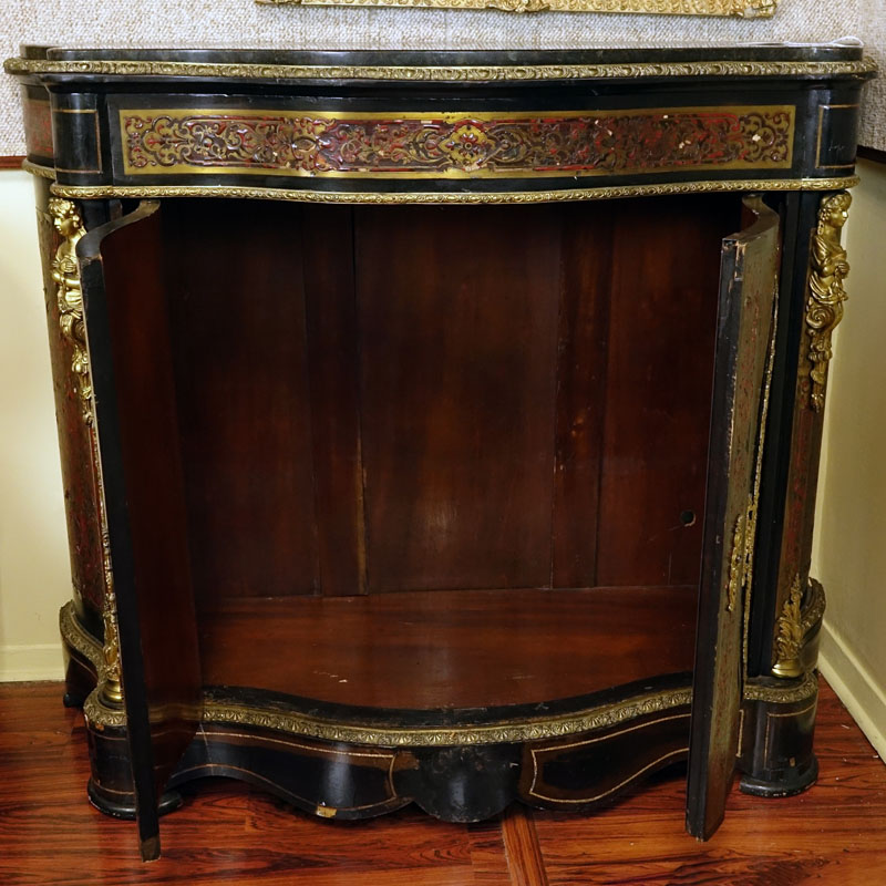 19/20th Century French Bronze Mounted 2 Door Boule Style Cabinet With Later Marble Top.