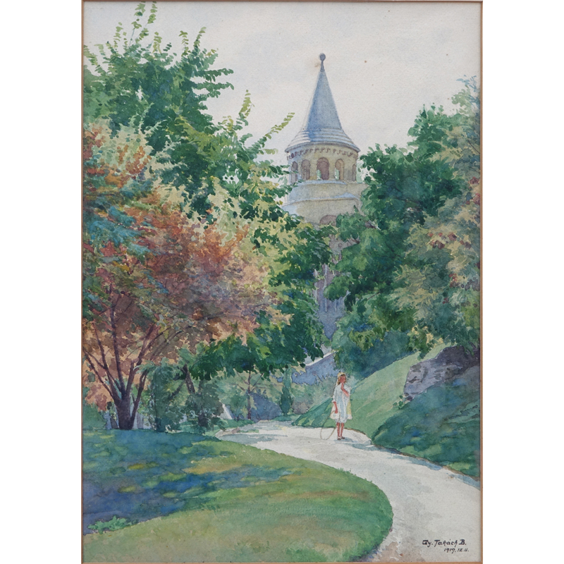 Bela De Gy Takach, American/German (1874 - 1947) Watercolor "Afternoon Stroll". 