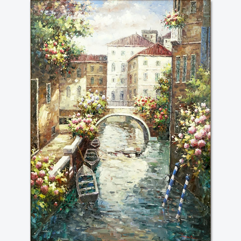 Large 20th Century Oil on Canvas "Venetian Waterway" Artist Signed Lambortini.