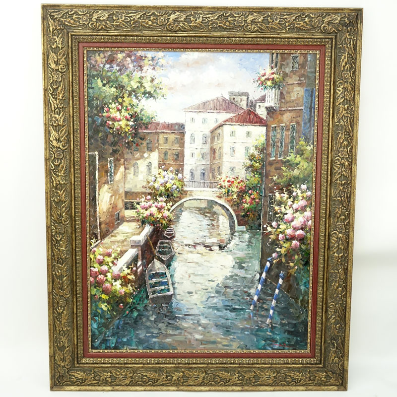 Large 20th Century Oil on Canvas "Venetian Waterway" Artist Signed Lambortini.