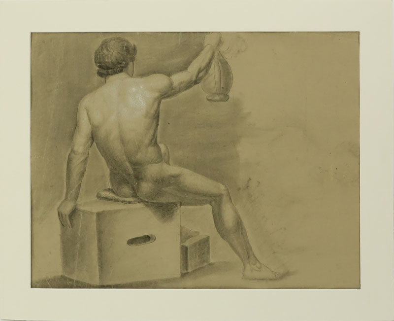 18th Century Graphite and Pastel On Paper "Seated Nude Male Figure". 