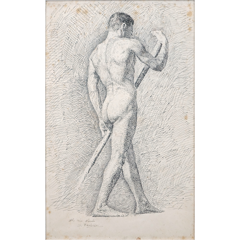 19th Century Italian School Ink on Paper "Male Nude". Inscribed "allo mio Nando" and signed S. Barbieri.