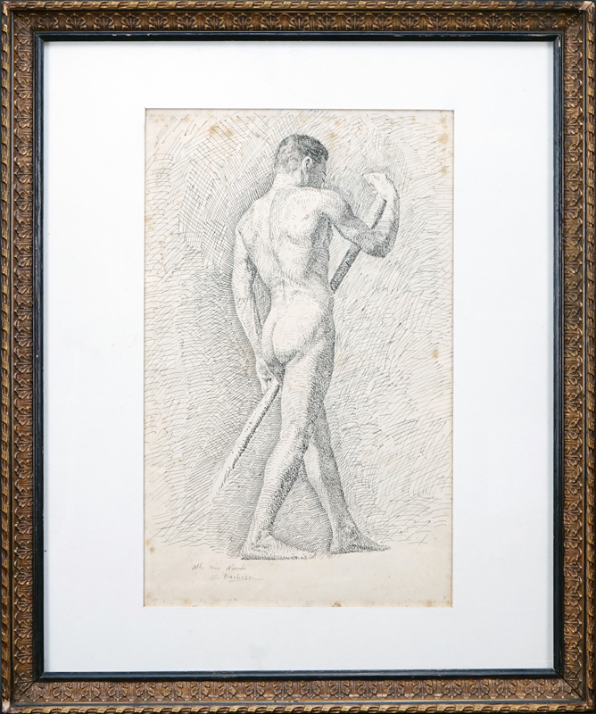 19th Century Italian School Ink on Paper "Male Nude". Inscribed "allo mio Nando" and signed S. Barbieri.