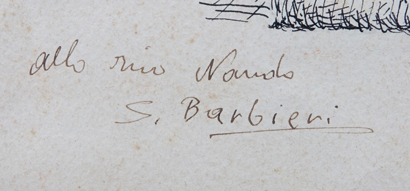 19th Century Italian School Ink on Paper "Male Nude". Inscribed "allo mio Nando" and signed S. Barbieri.