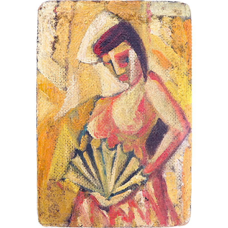 Early 20th Century Cubist School Oil On Canvas Laid Down On Board "Nude With Fan".