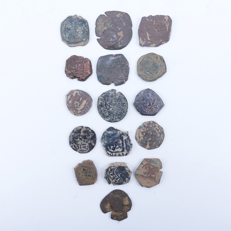 Collection of Sixteen (16) Spanish Philip IV Maravedis Cobb Coins. Possibly 16th century or later.