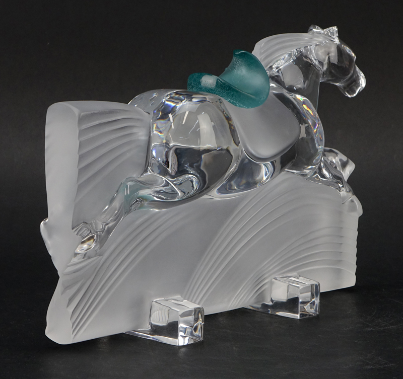 Daum France "Ming" Horse Sculpture. Frosted and clear crystal with molded green pate de verre saddle. 