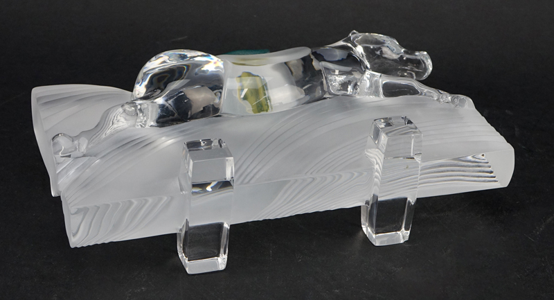 Daum France "Ming" Horse Sculpture. Frosted and clear crystal with molded green pate de verre saddle. 