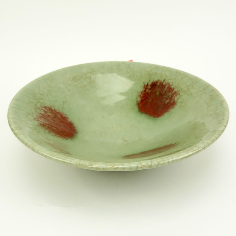 Chinese Possibly Song Dynasty Celadon With Red Splash Crackle Glaze Pottery Bowl.