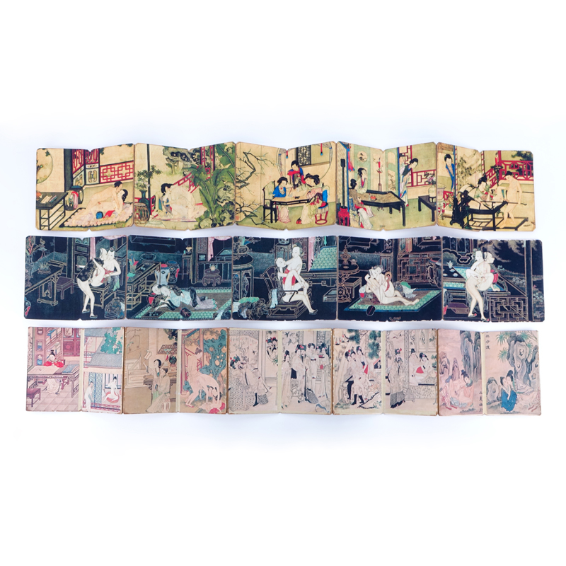 Grouping of Three (3) 19/20th Century Chinese Erotic Scroll Pillow Book. Signed.