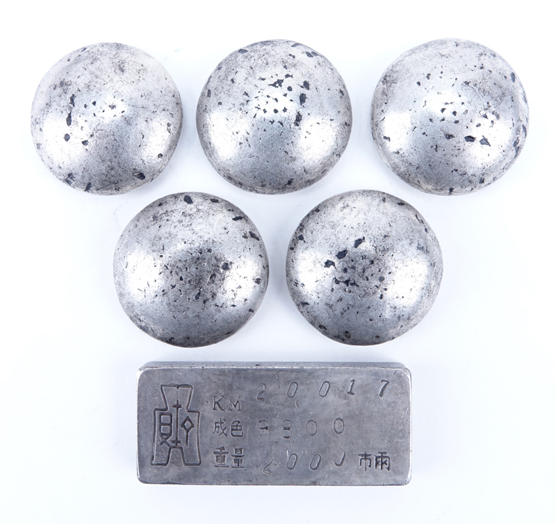 Collection of Six (6) Antique Chinese Qing Style Silver-Metal Pay Soldier's Ingots.