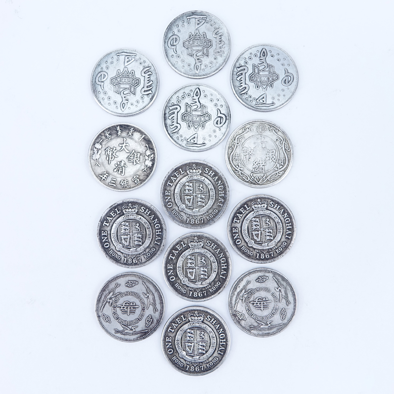 Collection of Thirteen (13) Antique Chinese Silver-Metal Coins.