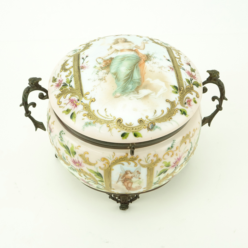 Antique German or Russian Hand Painted Opaline Box With Metal Mounts.