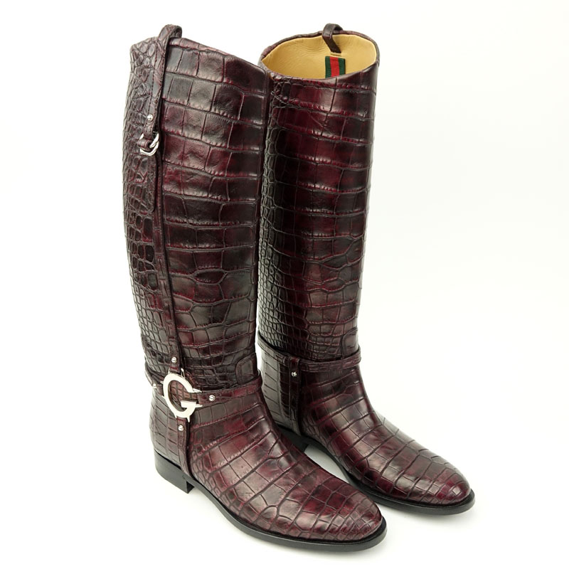 Gucci Eggplant Crocodile Leather Riding Boots.