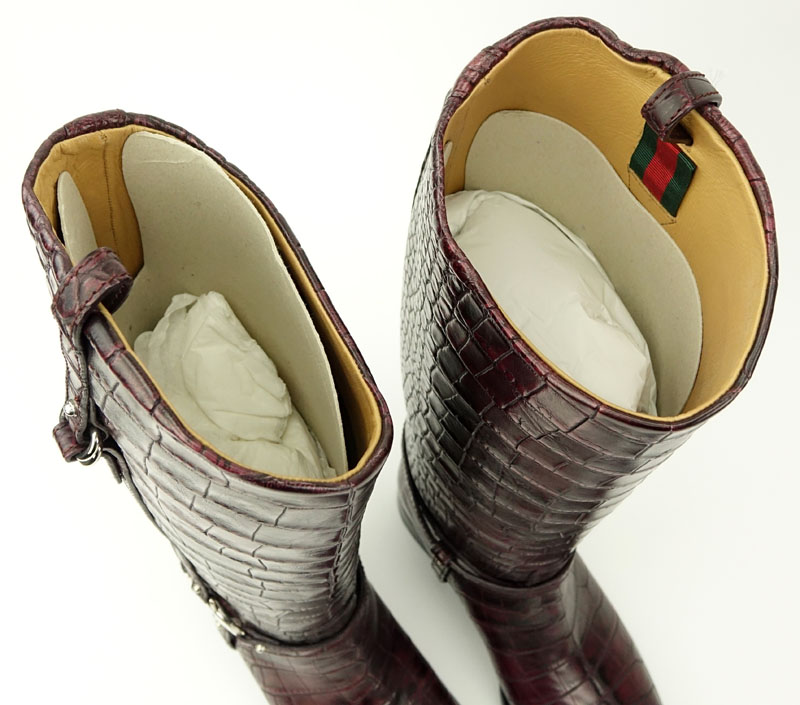 Gucci Eggplant Crocodile Leather Riding Boots.