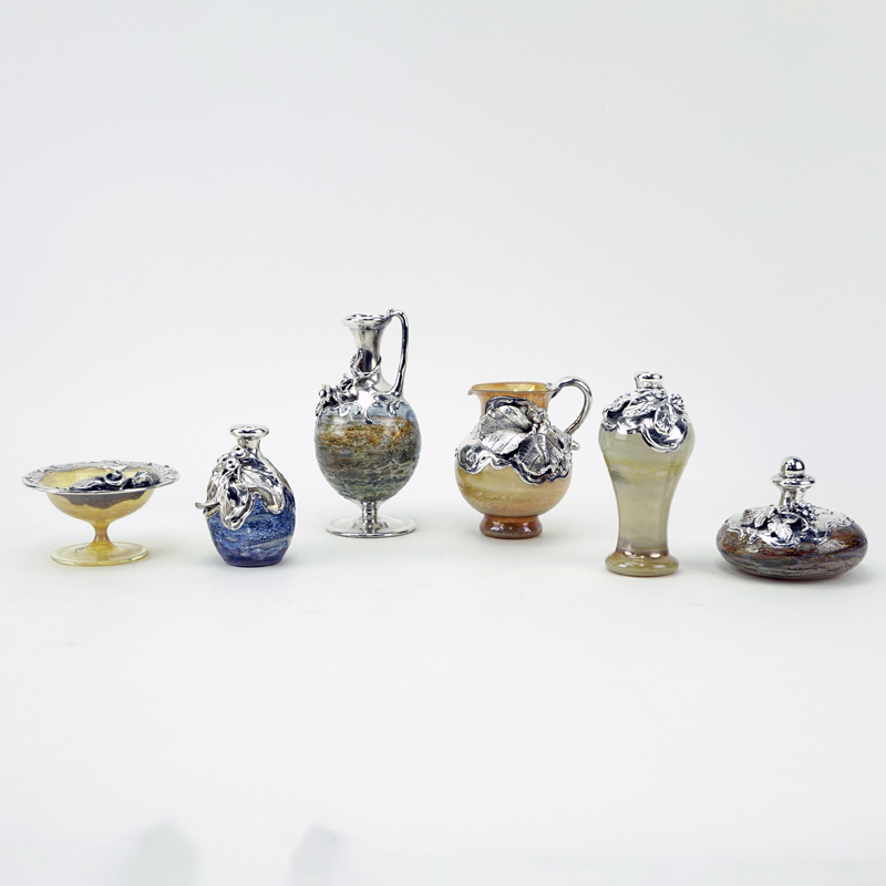 Collection of Six (6) King Solomon's Finds, Israel Sterling Overlay Blown Glass Tabletop Items.