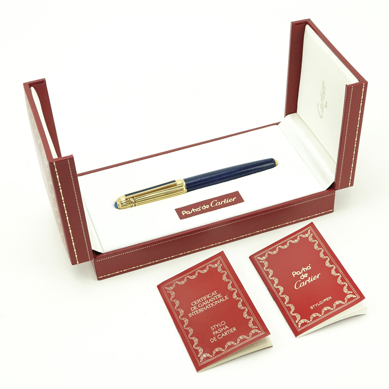 Cartier "Pasha" Gold Plate and Blue Lapis Lacquer Ballpoint Pen in Original Fitted Box. 