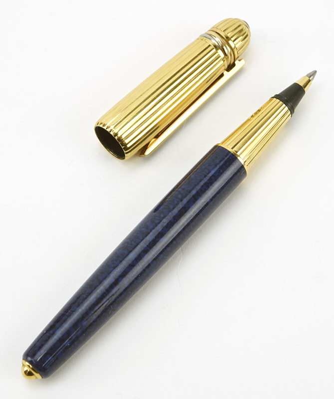 Cartier "Pasha" Gold Plate and Blue Lapis Lacquer Ballpoint Pen in Original Fitted Box. 