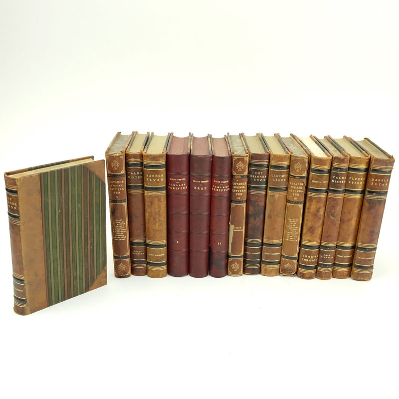 Lot of Fifteen (15) Antique Leather Bound Hardcover Books. Scandinavian Titles.