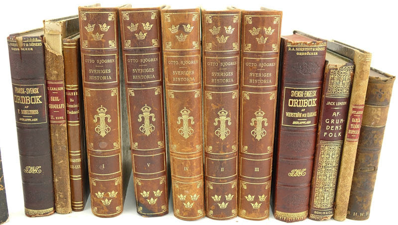 Lot of Thirteen (13) Antique Leather Bound Hardcover Books. Scandinavia Titles.