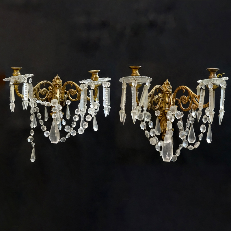 Pair of Gilt Brass and Crystal Wall Sconces.