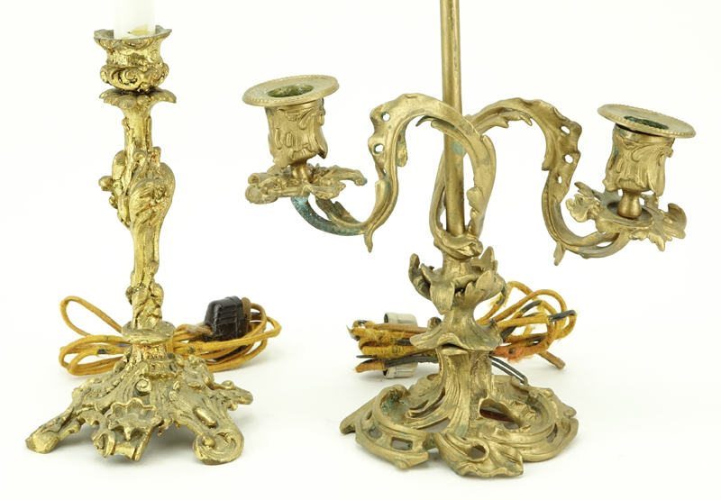 Two (2) Antique Art Nouveau Style Gilt Brass Lamps.