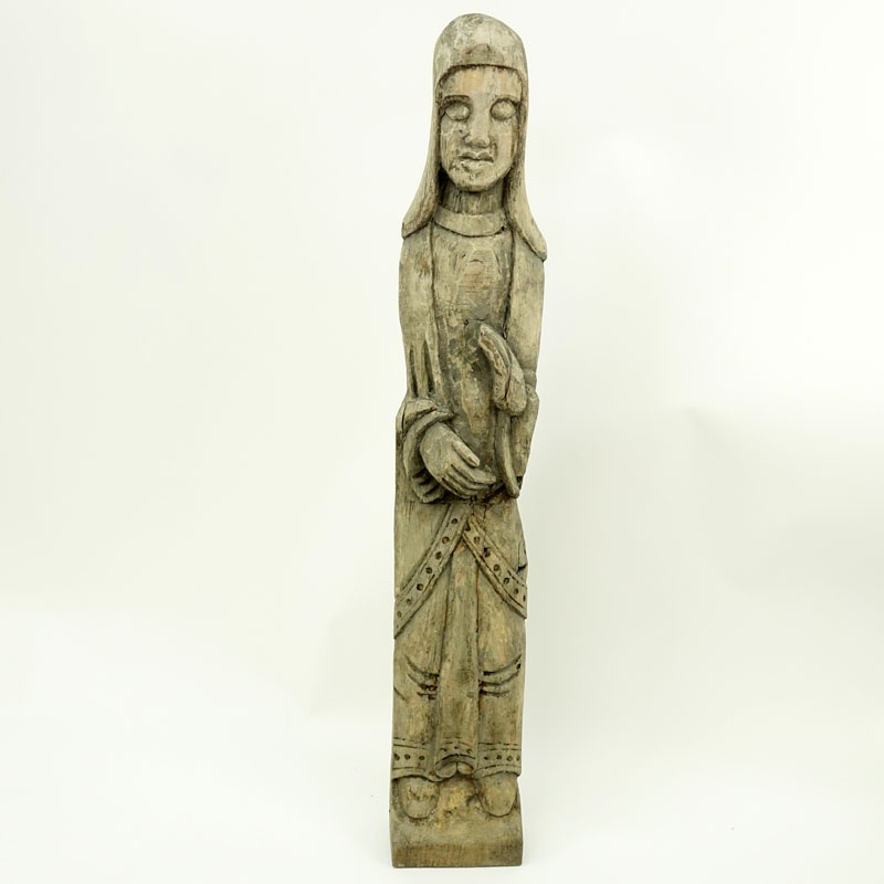 Old Wood Carved Folk Art Religious Idol. Usual wear to wood, patina, splits. 