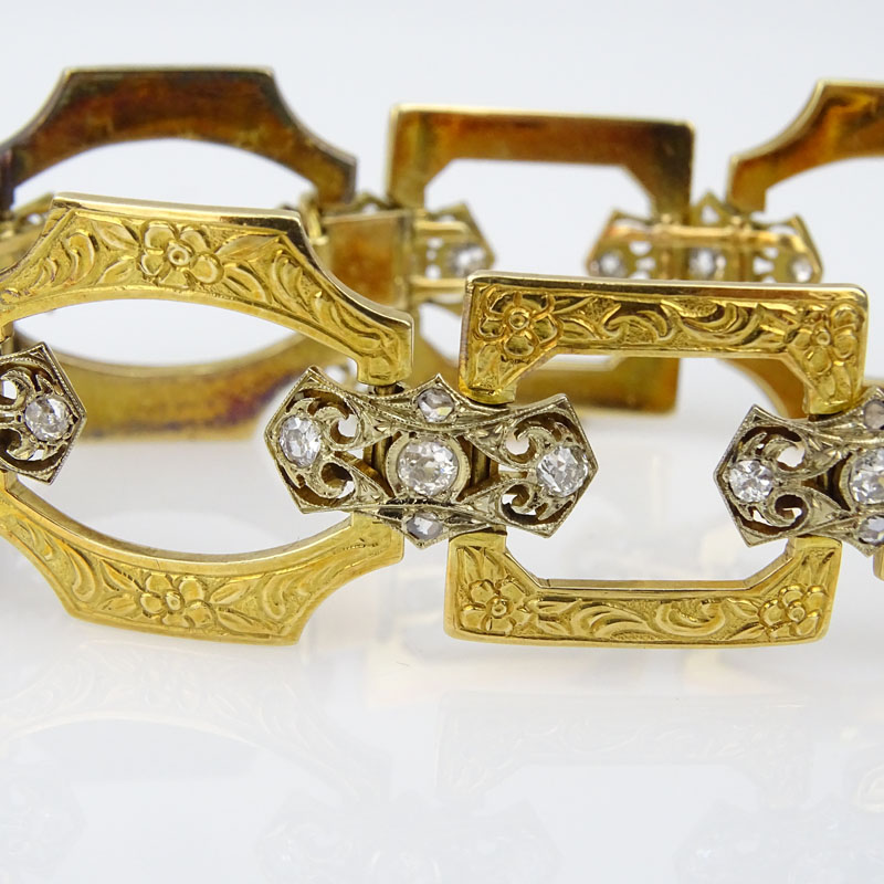 Antique Russian 14 Karat Yellow Gold and Old European Cut Diamond Open Link Bracelet.