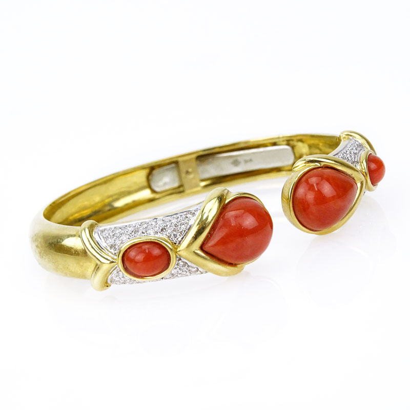 Vintage Italian 18 Karat Yellow Gold, Red Coral and Pave Set Diamond Hinged Cuff Bangle Bracelet. 