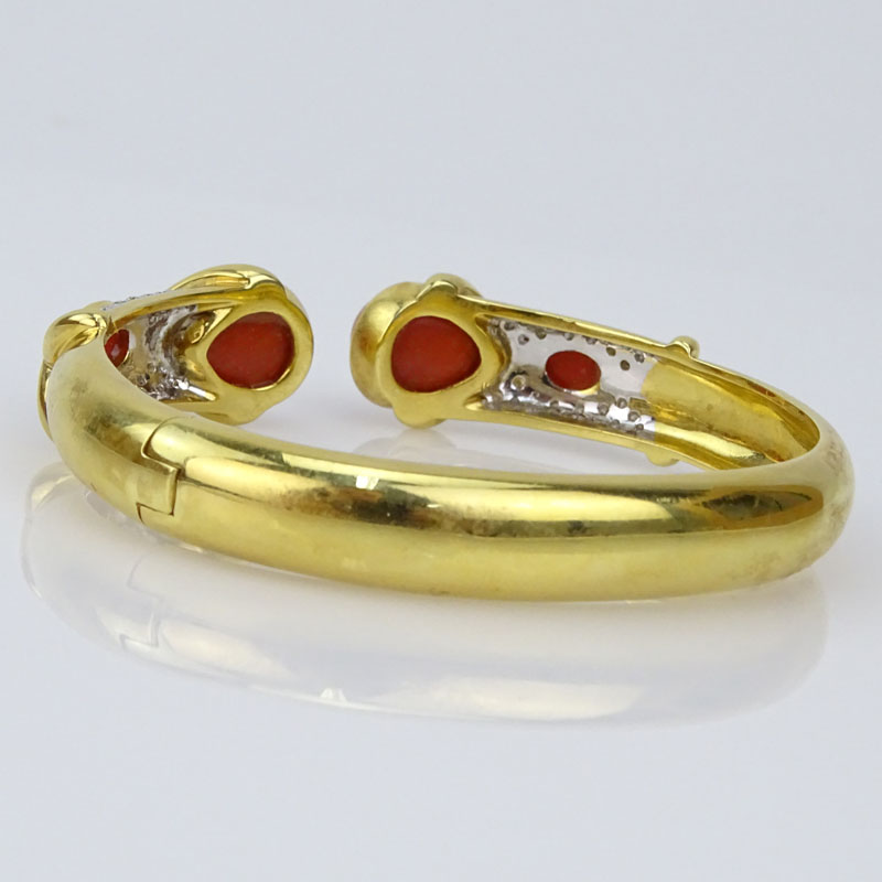 Vintage Italian 18 Karat Yellow Gold, Red Coral and Pave Set Diamond Hinged Cuff Bangle Bracelet. 