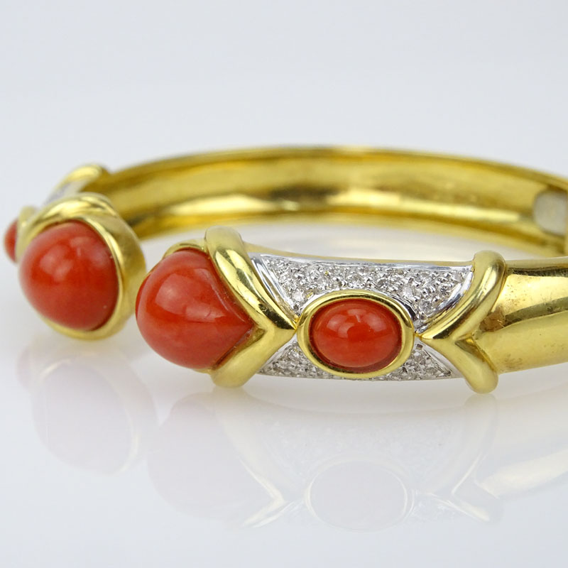 Vintage Italian 18 Karat Yellow Gold, Red Coral and Pave Set Diamond Hinged Cuff Bangle Bracelet. 