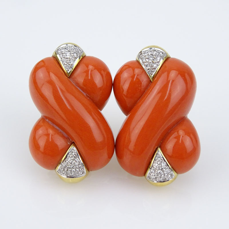 Vintage Italian 18 Karat Yellow Gold, Carved Red Coral and Pave Set Diamond Knot style Earrings. 