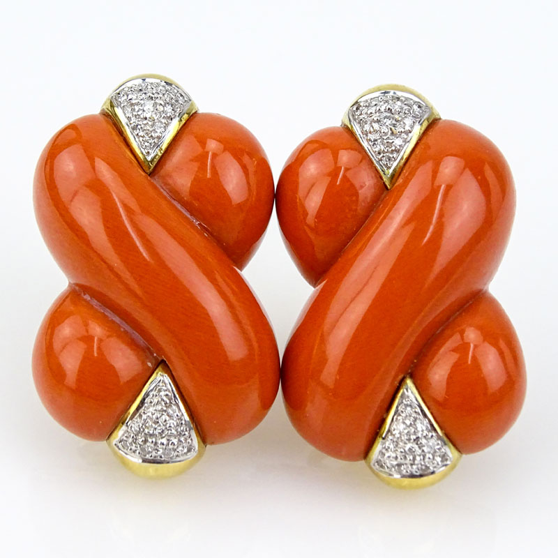 Vintage Italian 18 Karat Yellow Gold, Carved Red Coral and Pave Set Diamond Knot style Earrings. 