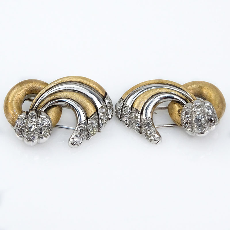 Antique Old European Cut Diamond, 14 Karat Rose and White Gold Clips. 