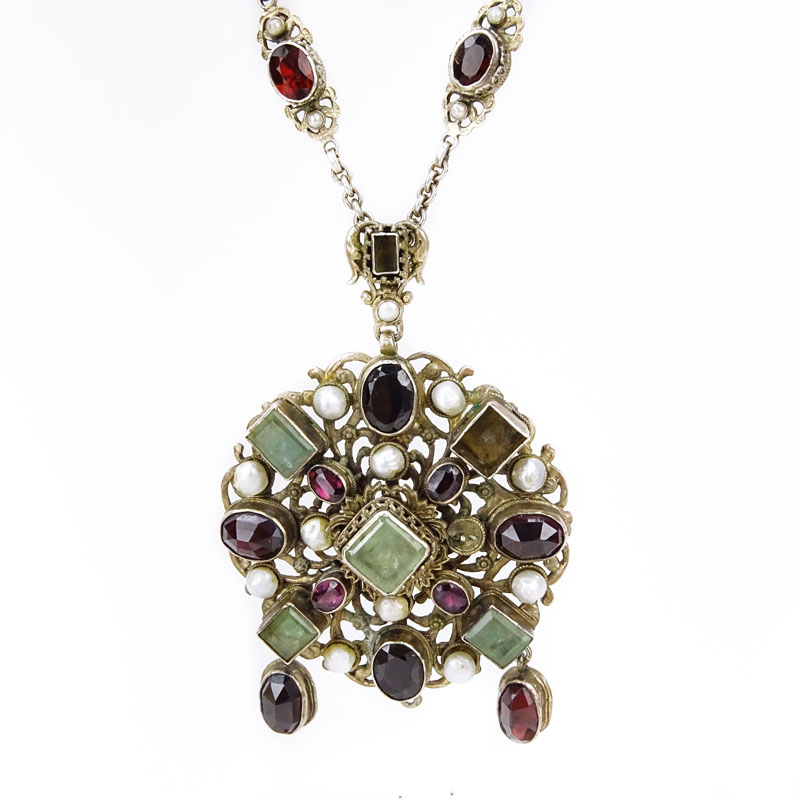 Antique Austro-Hungarian Emerald, Garnet, Pearl and Low Grade Silver Pendant Necklace. 