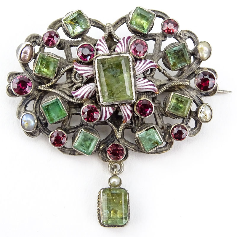 Antique Austro-Hungarian Emerald, Garnet, Pearl, Enamel and Low Grade Silver Brooch. 