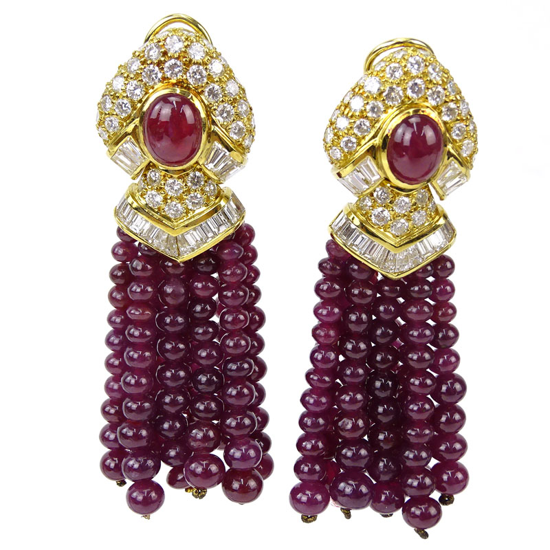 Very Fine Quality Bulgari style Burma Ruby, Diamond and 18 Karat Yellow Gold Tassel Earrings. Excellent quality stones throughout set with cabochon rubies, ruby beads, round brilliant and baguette cut diamonds. Signed 18. Very good condition. Measure 2-3/